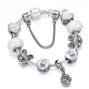 🌺 White Mickey Charm Bracelet Fashion Silver-tone